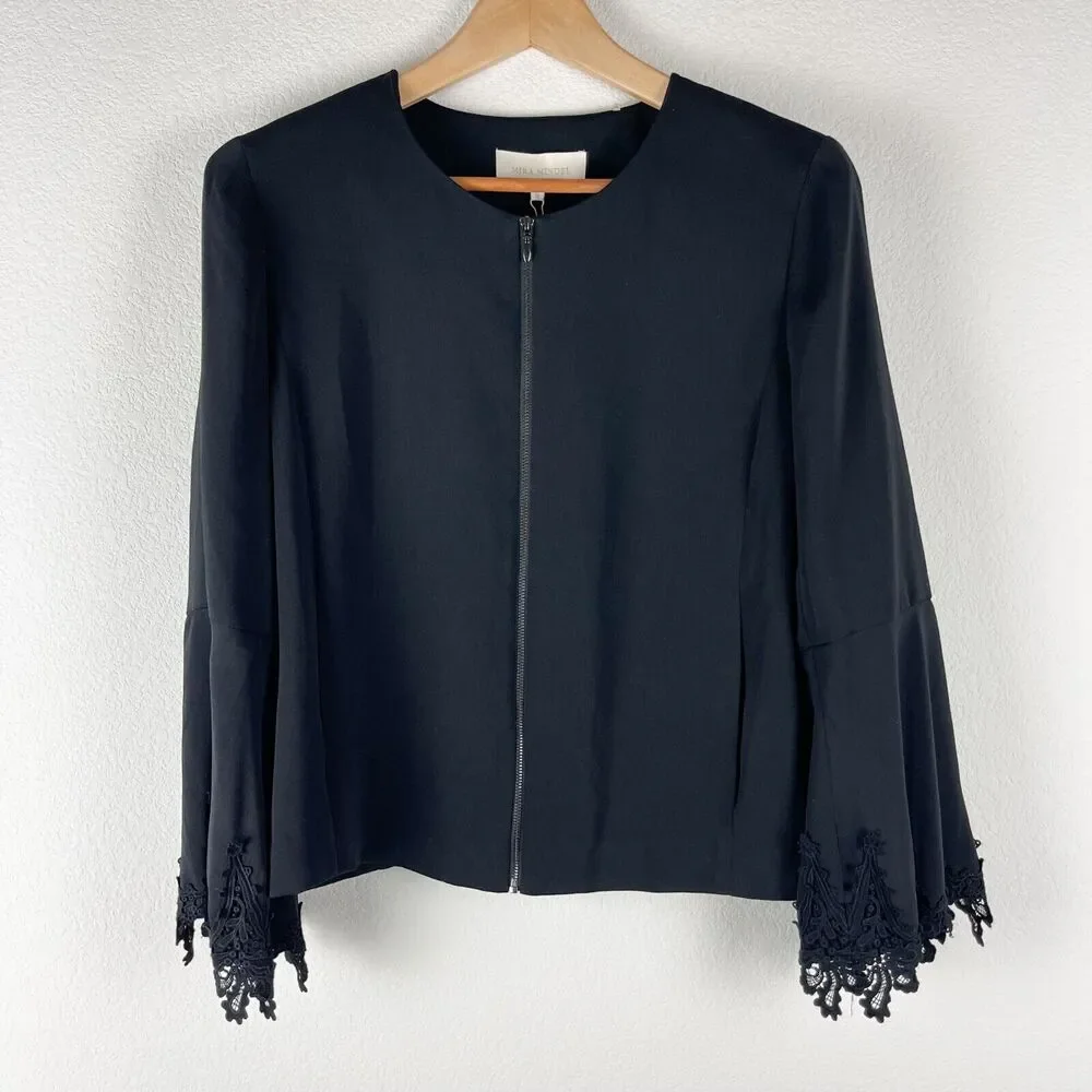 Mika Mindel Blazer Jacket Womens Medium Black Full Zip Lace Career Office NEW